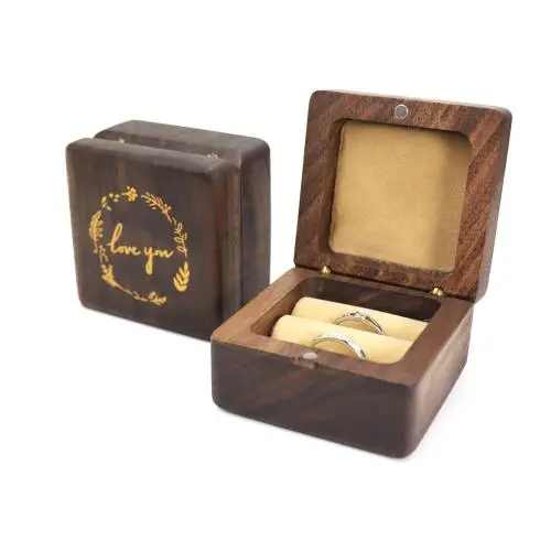 Gold LOVE YOU Square Ring Boxes Proposal Black Walnut Ring Boxes Stud Earrings Necklace Storage Boxes Round Corner