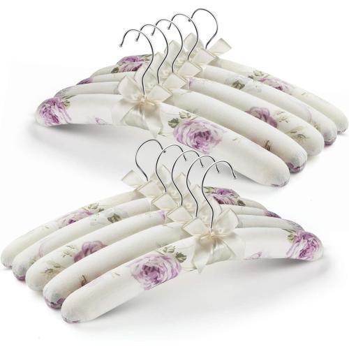 GLCON Anti Slip Satin Padded Clothes Hangers for Women Foam Sweater Hangers - Fancy Thick Padded Coat Hanger No Bump Floral Canvas Cover for Adult, Bridesmaid, Wedding Gown Closet (Pack of 10)