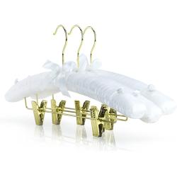 HANGERWORLD Pack of 5 White Satin Padded Hangers with Clips for Skirts, Pants & Sweaters with Non-Slip Buttons, Pretty Hanger for Women Clothing - 17 Inch