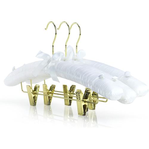 HANGERWORLD Pack of 5 White Satin Padded Hangers with Clips for Skirts, Pants & Sweaters with Non-Slip Buttons, Pretty Hanger for Women Clothing - 17 Inch