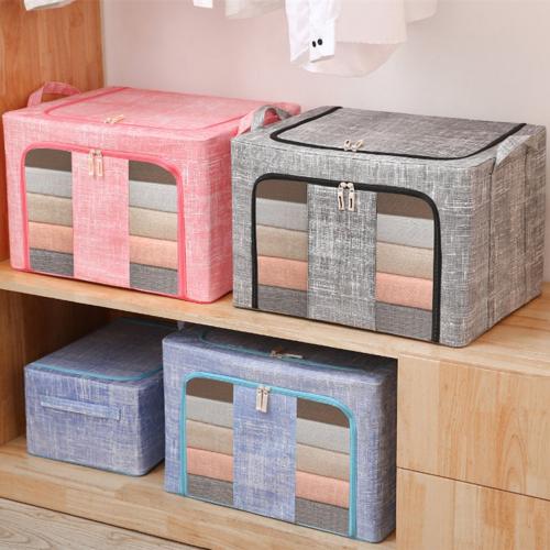 Fun home Clothes Storage Organizer Bins, Foldable Storage Bins-Linen Cloth stainless Steel Frame Storage Box for Clothing Storage with Foldable Clear Window & Reinforced Handles 